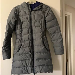North face long grey jacket with hood.